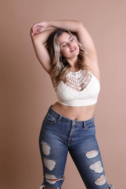 Plus Size Crop Top Crochet Lace High Neck Bralette